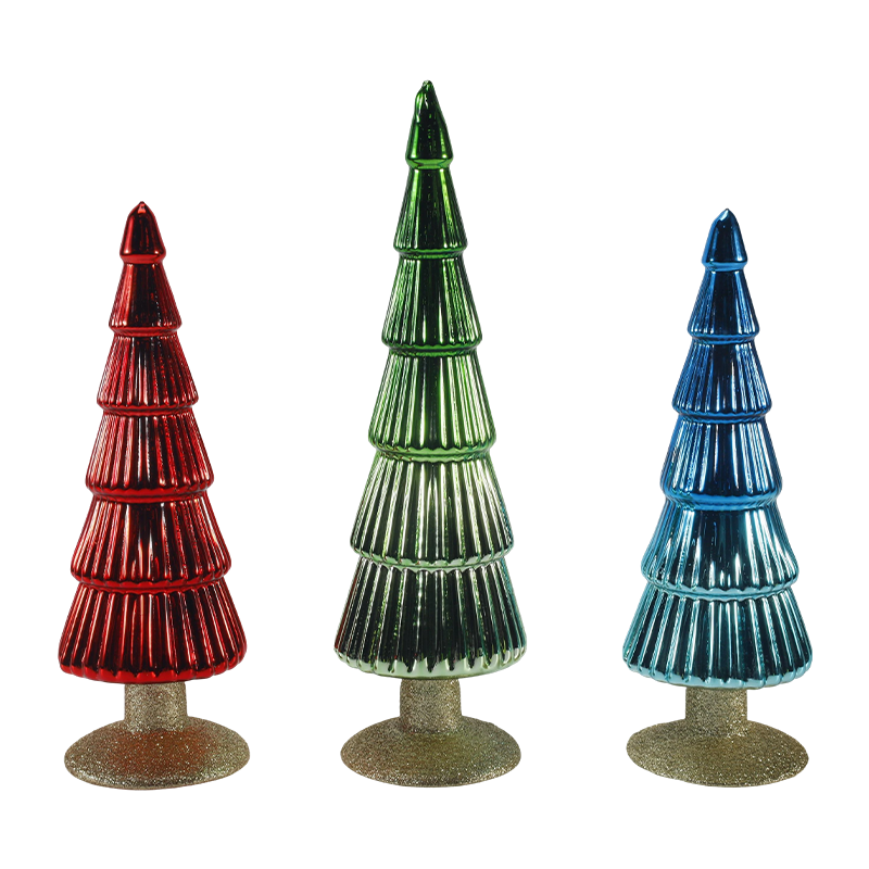 8×20 & 8×25cm Striped Christmas Glass Tree 2-Piece Set Tabletop Holiday Decor
