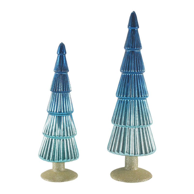 8×20 & 8×25cm Striped Christmas Glass Tree 2-Piece Set Tabletop Holiday Decor