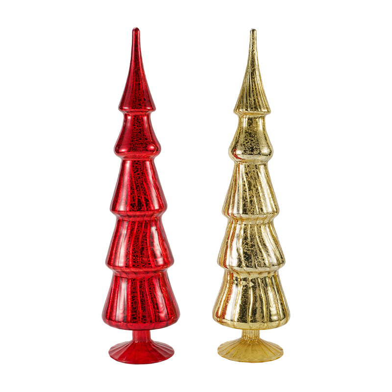 10×40cm Rotating Striped Christmas Glass Tree 2-Piece Set Tabletop Decor