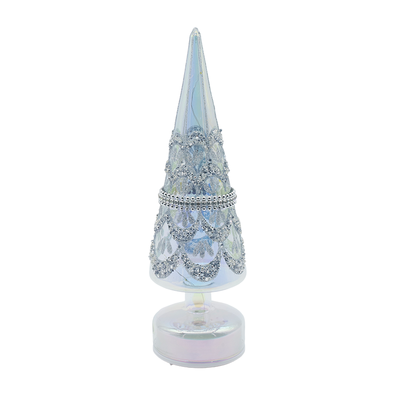 10×30cm Rotating Christmas Glass Tree with LED Lights Iridescent Festive Decor