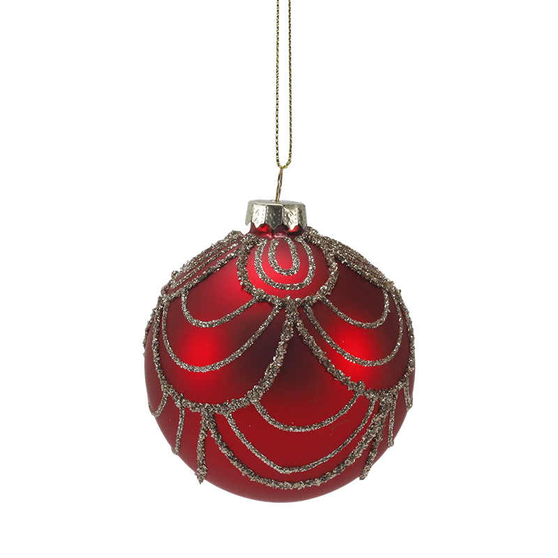 8cm Red Matte Christmas Glass ball Bauble with Gold Glitter Swirls