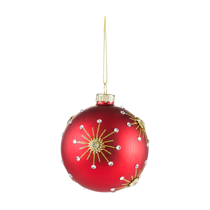 8cm Red Matte Christmas Glass ball Bauble with Gold Glitter Swirls