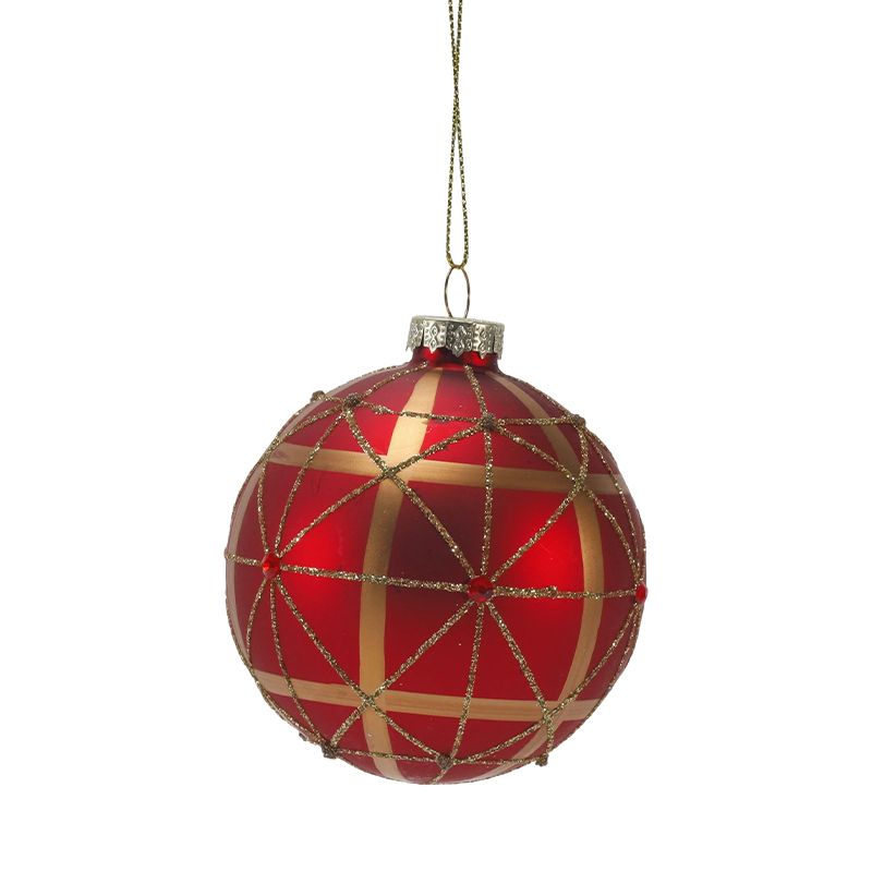8cm Red Matte Christmas Glass ball Bauble with Gold Glitter Swirls