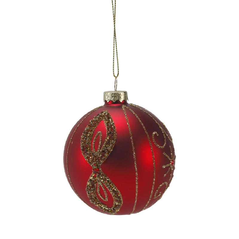 8cm Red Matte Christmas Glass ball Bauble with Gold Glitter Swirls