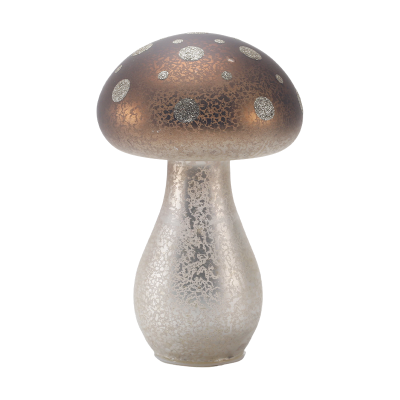 Handmade Brown Frosted Glass / Velvet Top  Mushroom Ornament with Silver Glitter Spots with led decoration