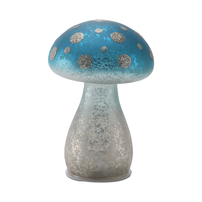 Handmade Gradient Blue Frosted Glass Mushroom Ornament with Silver Glitter Spots with led decoration