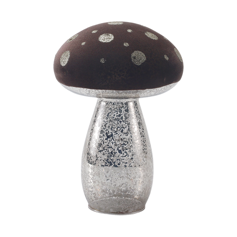 Handmade Brown Frosted Glass / Velvet Top  Mushroom Ornament with Silver Glitter Spots with led decoration