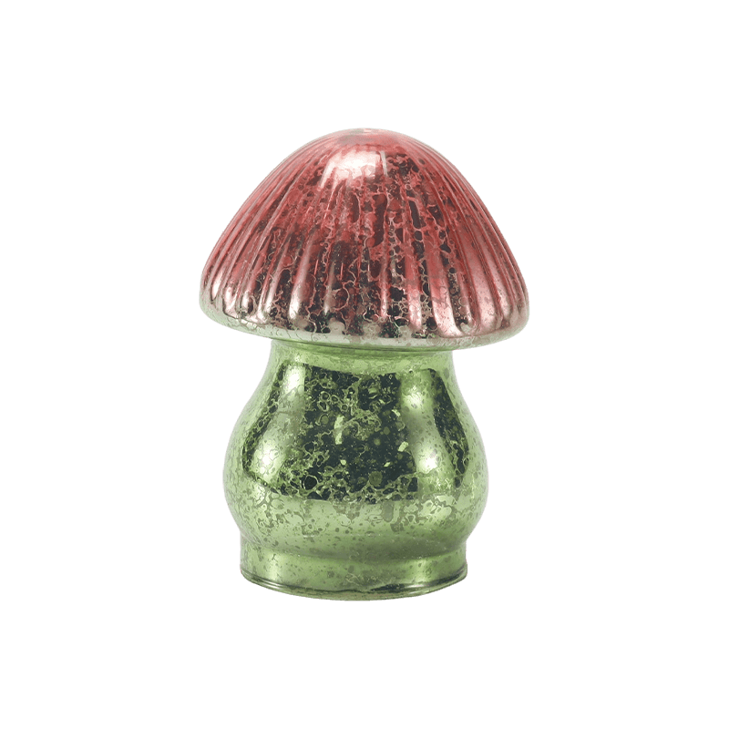 Handmade Red-Green Gradient Ribbed Mercury Glass Mushroom Ornament with led decoration