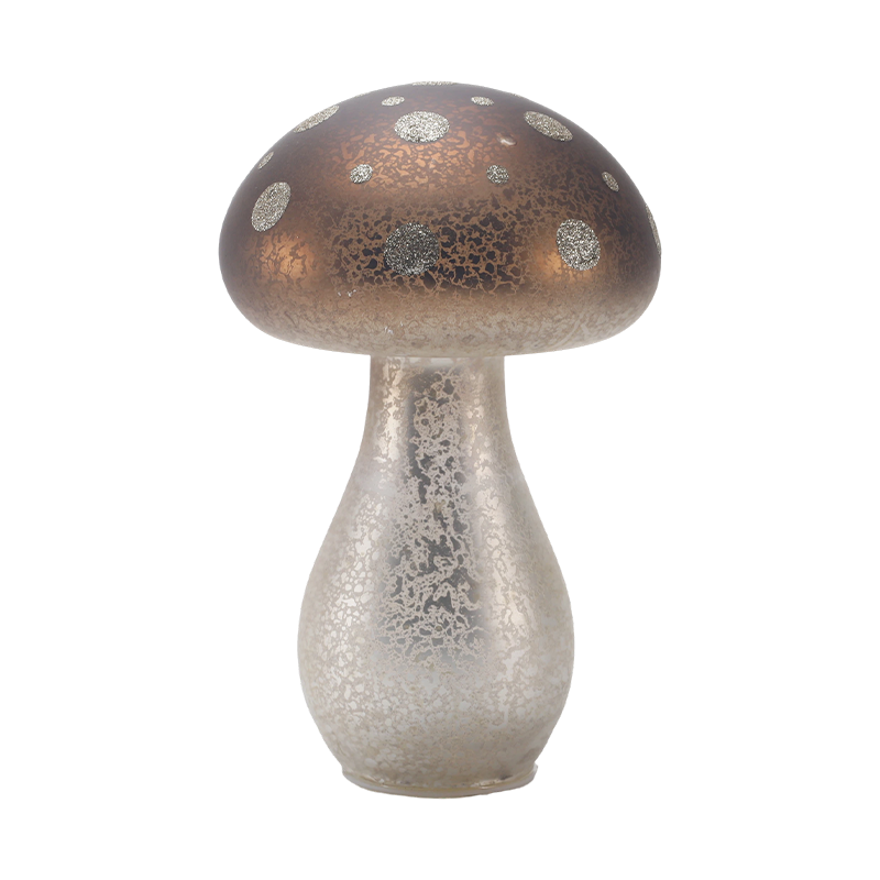 Handmade Brown Frosted Glass / Velvet Top  Mushroom Ornament with Silver Glitter Spots with led decoration
