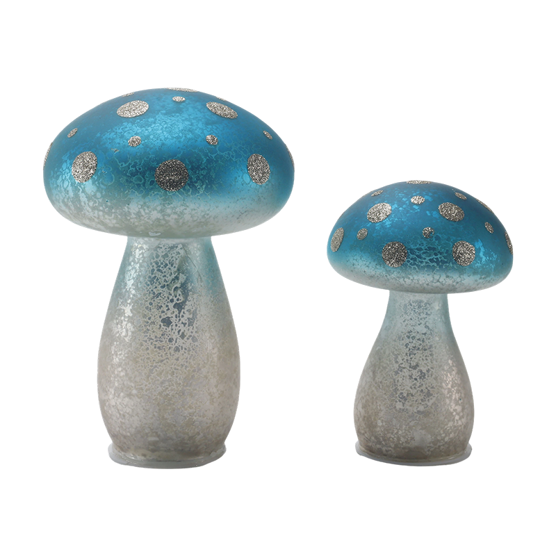 Handmade Gradient Blue Frosted Glass Mushroom Ornament with Silver Glitter Spots with led decoration
