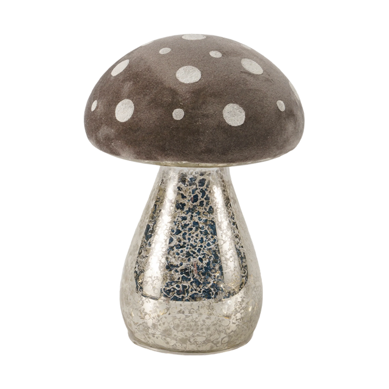 Handmade Brown Frosted Glass / Velvet Top  Mushroom Ornament with Silver Glitter Spots with led decoration