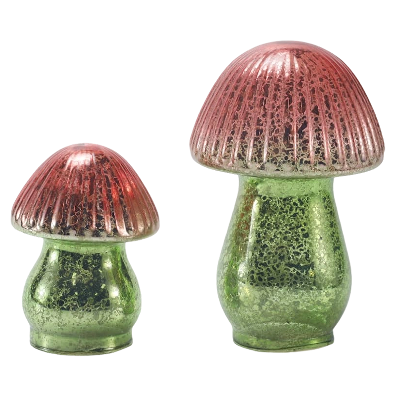 Handmade Red-Green Gradient Ribbed Mercury Glass Mushroom Ornament with led decoration