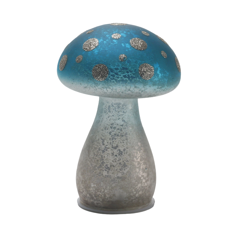 Handmade Gradient Blue Frosted Glass Mushroom Ornament with Silver Glitter Spots with led decoration