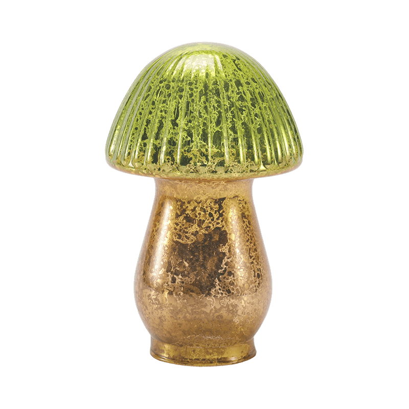 Handmade Green-Gold Gradient Ribbed Mercury Glass Mushroom Ornament with led decoration