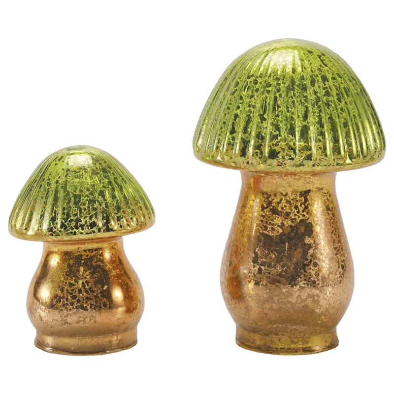 Handmade Green-Gold Gradient Ribbed Mercury Glass Mushroom Ornament with led decoration