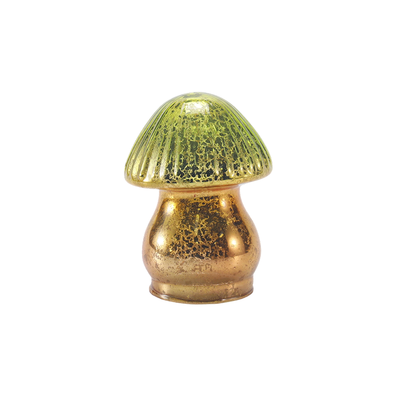 Handmade Green-Gold Gradient Ribbed Mercury Glass Mushroom Ornament with led decoration
