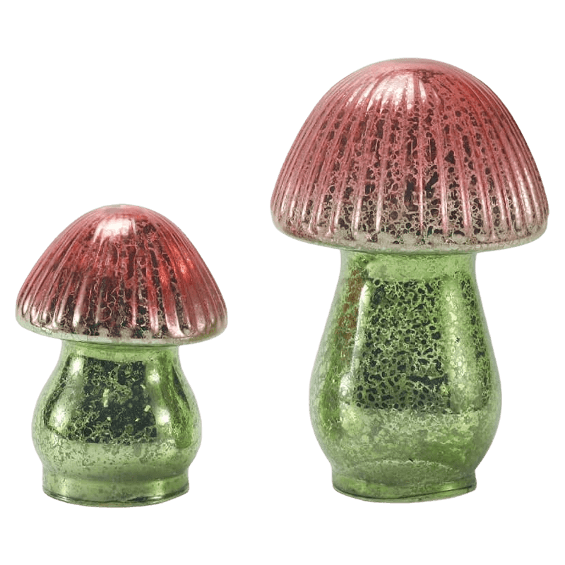 Handmade Red-Green Gradient Ribbed Mercury Glass Mushroom Ornament with led decoration