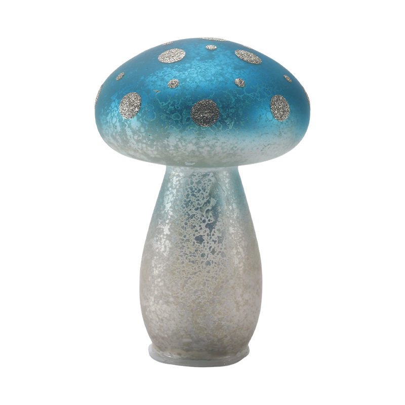 Handmade Gradient Blue Frosted Glass Mushroom Ornament with Silver Glitter Spots with led decoration