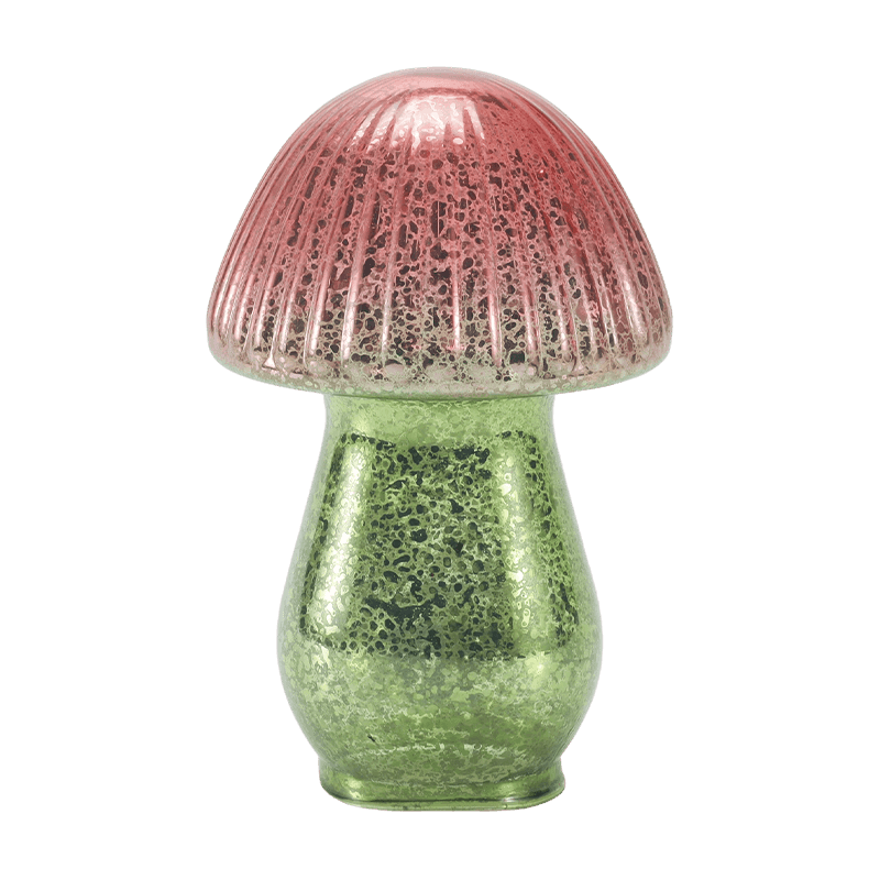 Handmade Red-Green Gradient Ribbed Mercury Glass Mushroom Ornament with led decoration