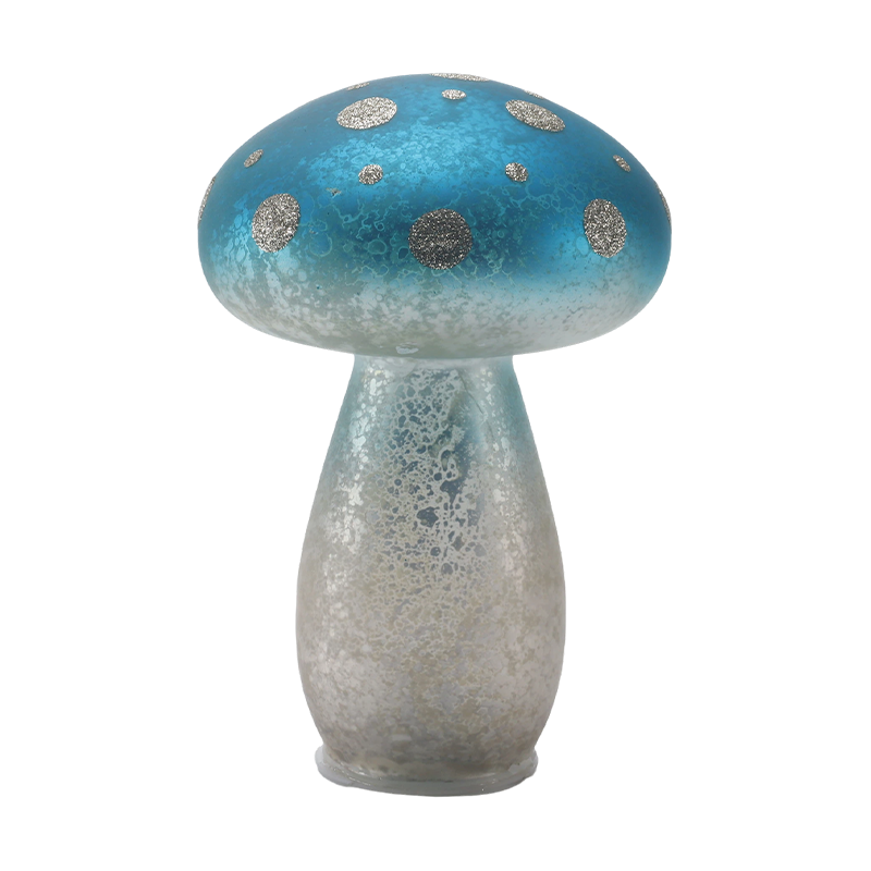 Handmade Gradient Blue Frosted Glass Mushroom Ornament with Silver Glitter Spots with led decoration