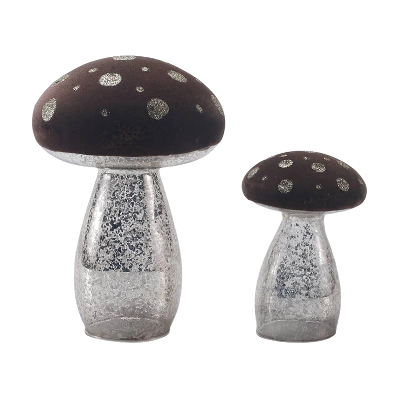 Handmade Brown Frosted Glass / Velvet Top  Mushroom Ornament with Silver Glitter Spots with led decoration