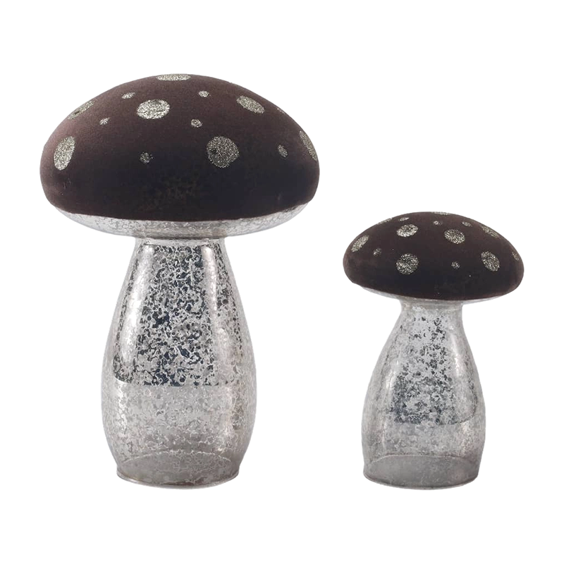 Handmade Brown Frosted Glass / Velvet Top  Mushroom Ornament with Silver Glitter Spots with led decoration